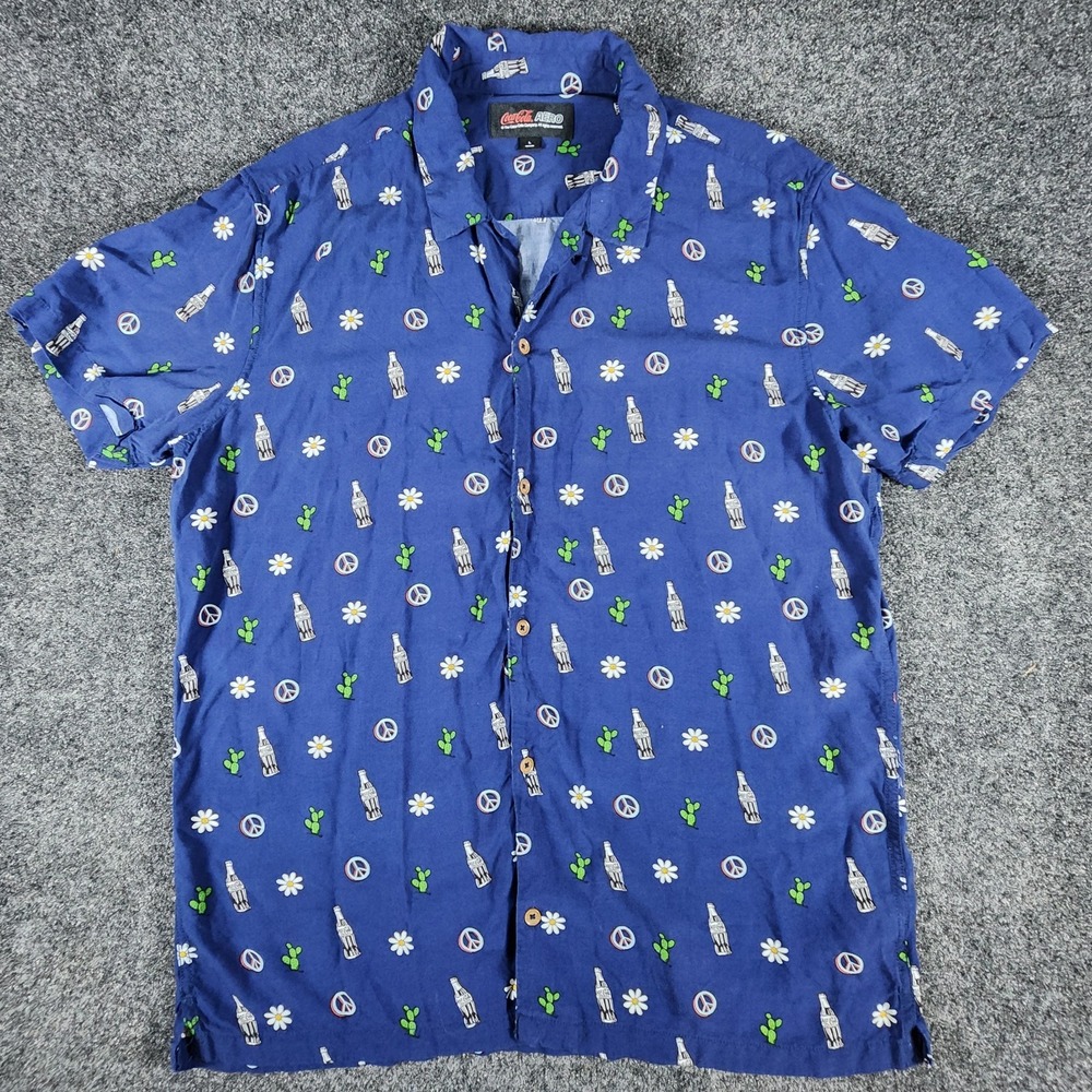 Aeropostale Coca Cola Polo Shirt Mens Large Blue AOP Bottles Flowers‎ Cactus